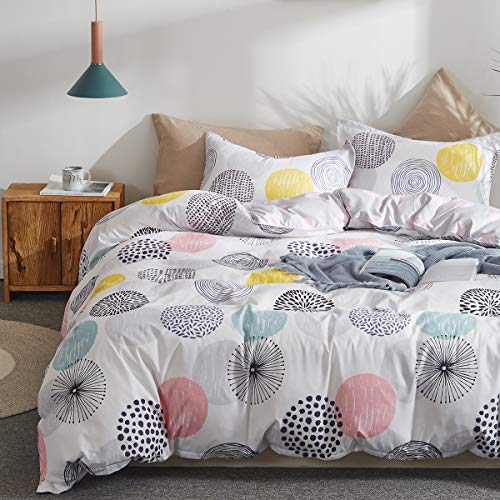 Book Cover Uozzi Bedding 3 Piece Duvet Cover Set King (1 Duvet Cover + 2 Pillow Shams) with Colorful Dots, 800 - TC Comforter Cover with Zipper Closure, 4 Corner Ties - Pink Gray Yellow Circles for Adult Kids