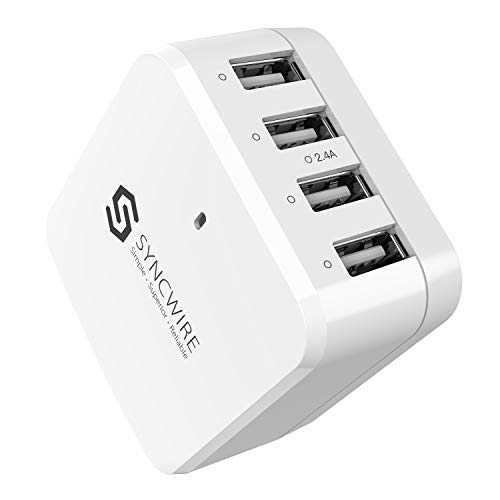 Book Cover USB Wall Charger Travel Charger, Syncwire 48W/9.6A 4-Port Rapid Travel Power Adapter with Interchangeable US/UK/EU Plug for Apple iPhone, iPad, Samsung, Android Phones, Tablets & More - White