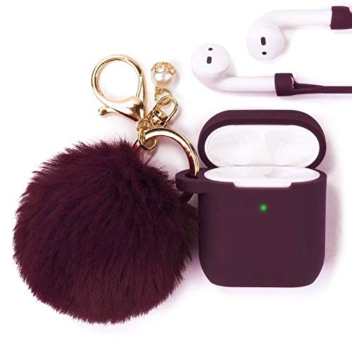 Book Cover Filoto Case for Airpods, Airpod Case Cover for Apple Airpods 2&1 Charging Case, Cute Air Pods Silicone Protective Accessories Cases/Keychain/Pompom/Strap, Best Gift for Girls and Women, Burgundy