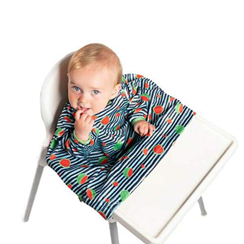 Bibado Wipe Clean Baby & Toddler Weaning Bib Coverall Attaches to Highchair & Table Waterproof Long Sleeves (Navy Watermelon (soft shell))