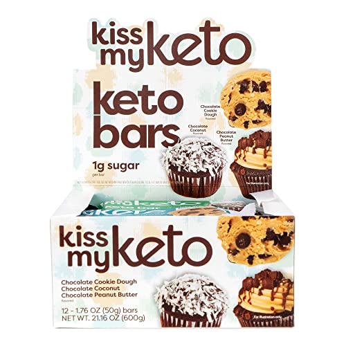 Book Cover Kiss My Keto Protein Bars 12-Pack Variety Keto Bars - Cookie Dough, Peanut Butter, Coconut | Low Sugar (1g), Low Carb (3g-Net), Gluten Free, Grain & Soy Free Keto Snack - High Protein, >18g MCTs / Bar