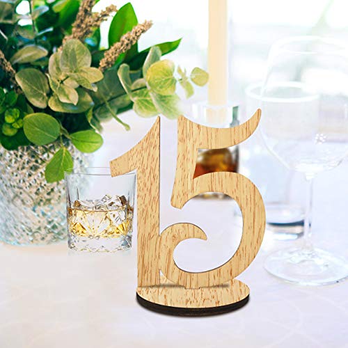 ElekFX Table Numbers 1-15 Wedding Wooden Table Number Cards with Round Base Double Sided Design Table Holders for Wedding/Party Reception and Decoration