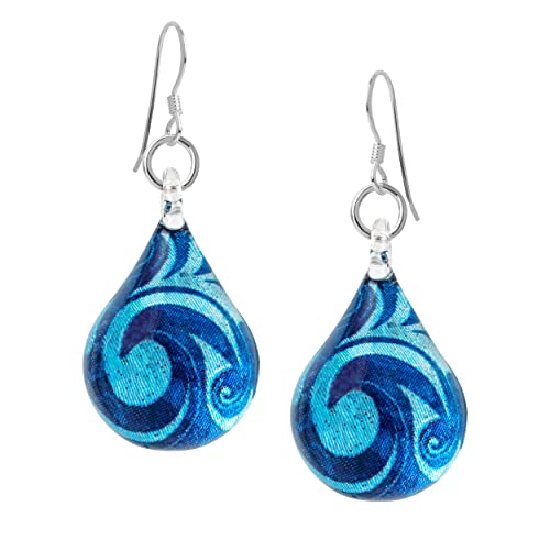 Chuvora 925 Sterling Silver Glass Jewelry Filigree Blue Sea Wave Design Dangle Hook Earrings for Women