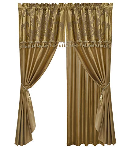Book Cover Chezmoi Collection Royale 4-Piece Jacquard Floral Window Curtain/Drape Set Sheer Backing Tassels Valance, Gold