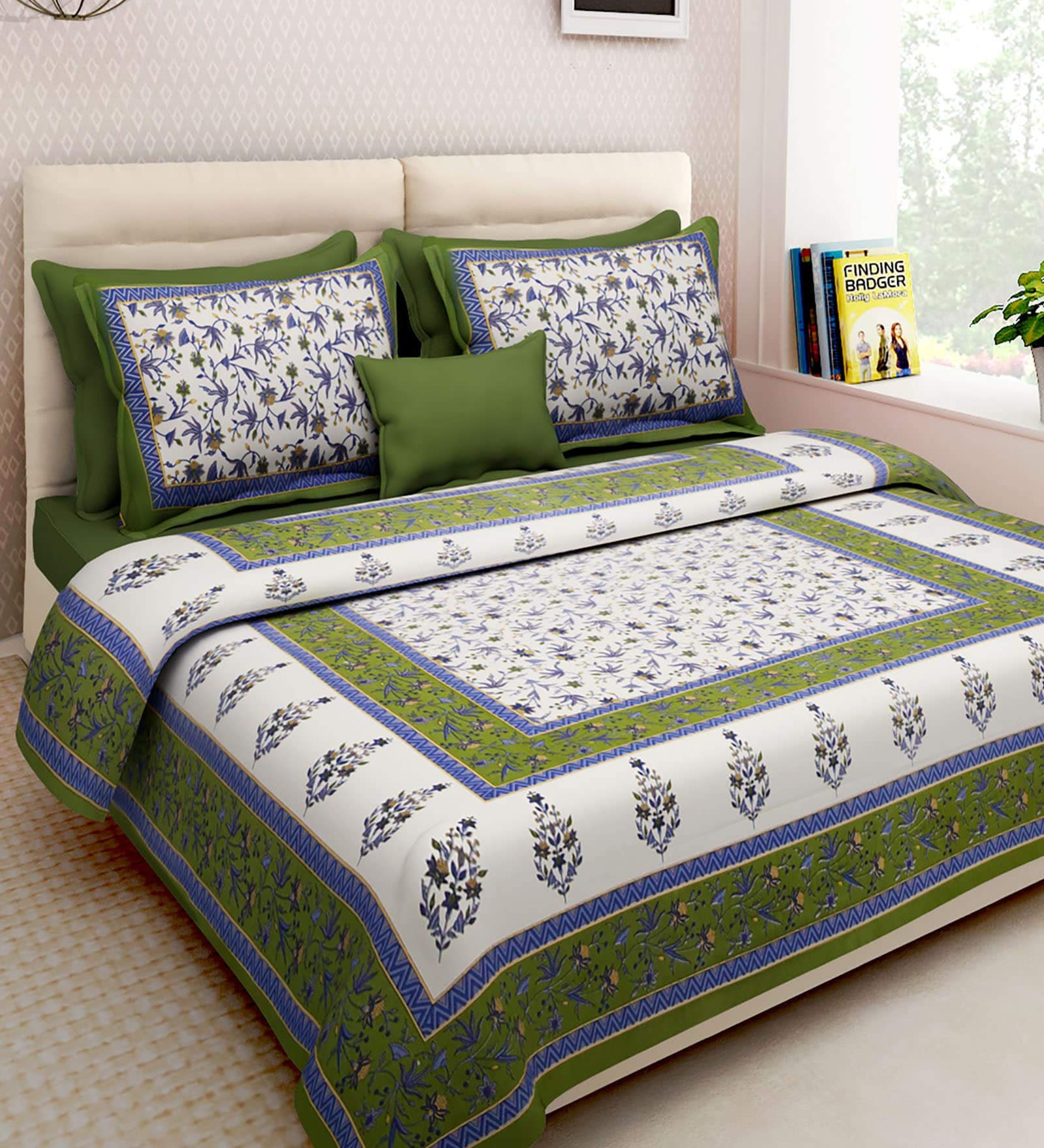 Book Cover xtore Traditional Jaipuri Print Bed Sheet with 2 Pillow Covers (100% Cotton) - Premium Quality - 90 x 108 inches Green
