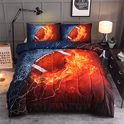 Book Cover A Nice Night Rugby American Footballï¼Œwith Fire and Ice Pattern, Comforter Quilt Set Bedding Set Full Size for Teen Boys ( Rugby)