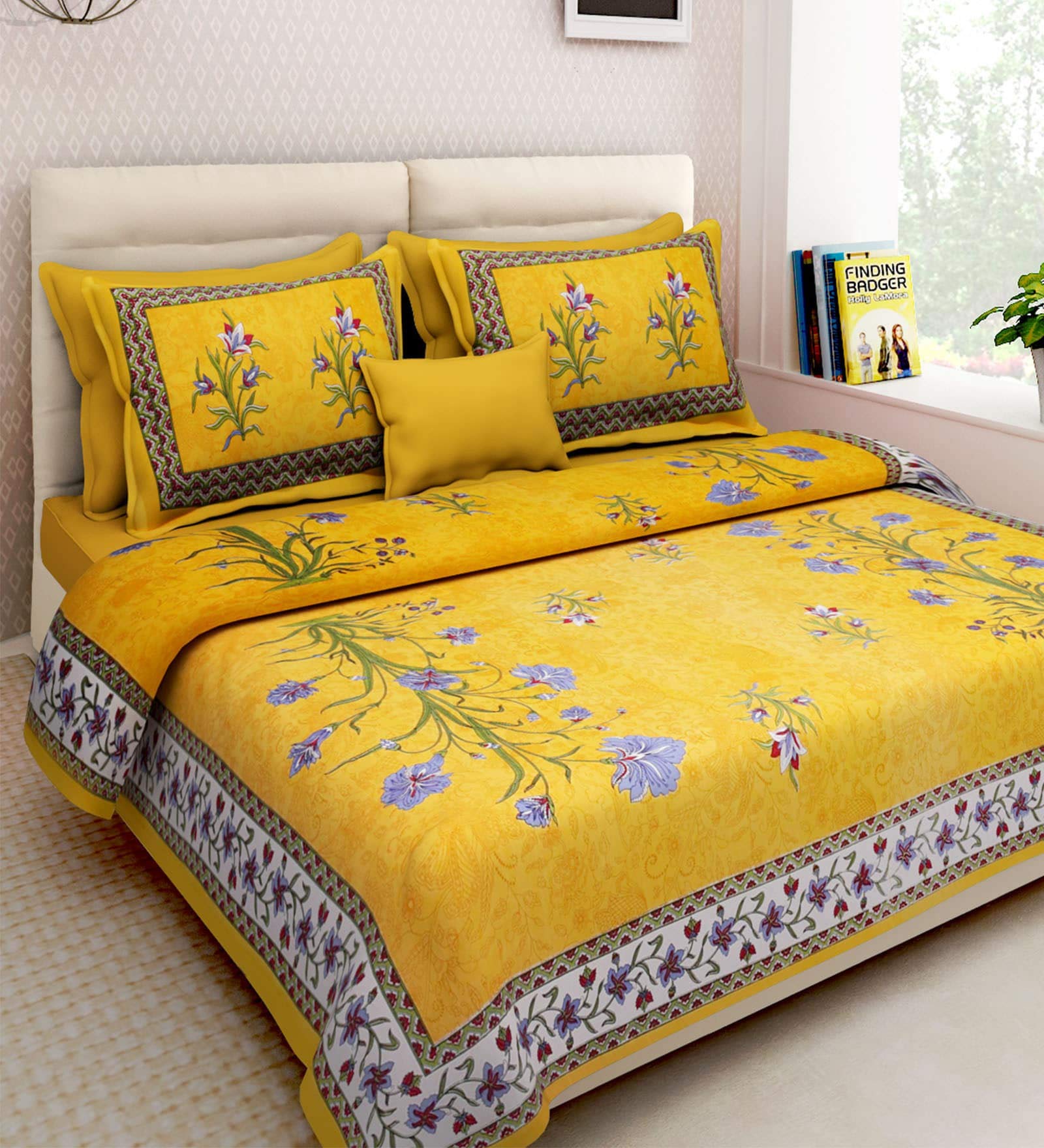 Book Cover xtore YB Traditional Jaipuri Print Bed Sheet with 2 Pillow Covers (100% Cotton) (90 x 108 inches)- Premium Quality Amber Yellow