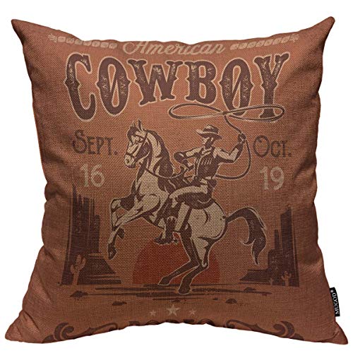 Book Cover Mugod Cowboy Decoration Throw Pillow Cushion Covers Rodeo Poster with a Cowboy Sitting on a Rearing Horse in Retro Style Decorator Funny Pillows for Sofa Home Decor Couch Pillow Case 18 X 18 Inch