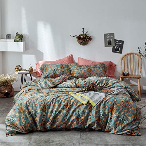 Book Cover mixinni Vintage Style Garden Flower Duvet Cover Set with Zipper Closure Soft Cotton Yellow Flower Pattern on Blue Bedding Quilt Cover Set(King,Autumn)