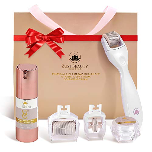 ZUSTBEAUTY | Derma Roller Kit for Face, Body, Stomach, Lip | 0.3MM Titanium Microneedle Roller Heads: 180 for Near Eyes, 600 for Face & 1200 for Body | With Vitamin C Serum & Collagen Cream | Free Set
