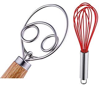 Book Cover HauBee 2 Pack Danish Dough Kitchen Wire Balloon Whisk Stainless Steel Silicone Bread Making Baking Tools Pastry Hand Mixers Blender Artisian Wooden Handle Utensils Gadgets Red