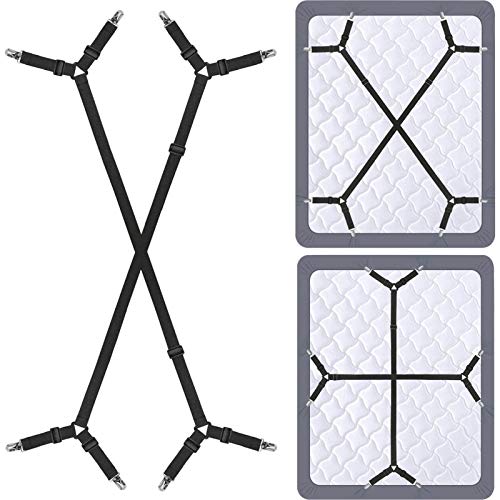 Book Cover Siaomo Bed Sheet Holder Straps - Adjustable Crisscross Sheet Clips Elastic Band Fitted Bed Sheet Suspenders Grippers Clip,2Pcs/Set Black