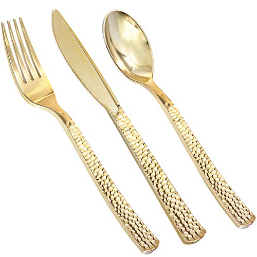 Supernal 360pcs Plastic Gold Silverware,Cutlery,Disposable Utensils,120 Gold Knives,120 Gold Forks,120 Gold Spoons,Perfect for Birthday,Party,Wedding