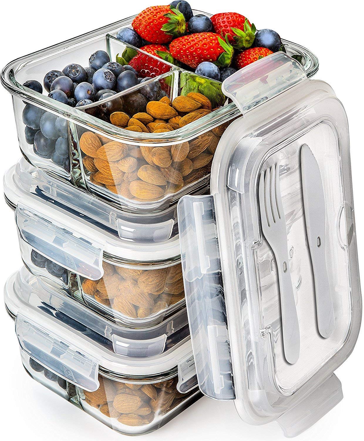 PrepNaturals glass food storage containers, meal prep container, bento box for lunch, dishwasher & microwave safe (multi-compartment) 3 Compartment 3 Pack 34 Ounce
