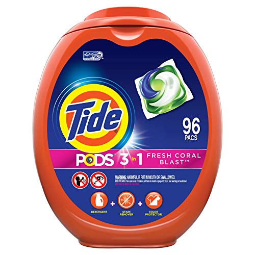 Book Cover Tide PODS Laundry Detergent Liquid Pacs HE Compatible, Packaging May Vary, Multicolor, Fresh Coral Blast Scent, 96 Count