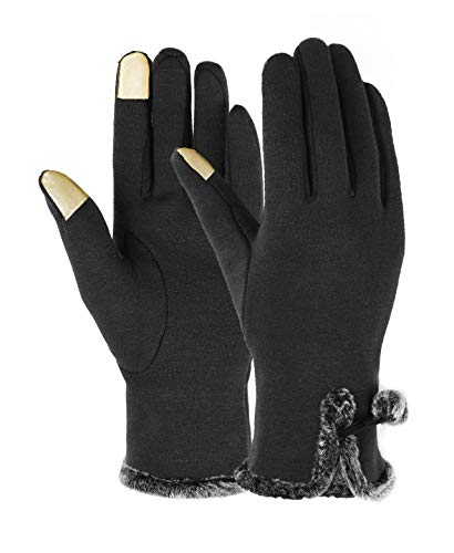 Spiritlele Winter Screen Touch Gloves Women Texting Gold Finger Telefingers Gloves with Pom Pom Black