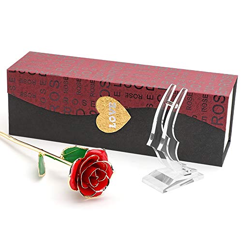 Book Cover Ophanie 24K Gold Rose, Foil Trim Long Term Dipped Rose with Display Stand in Gift Box, Best Romantic Gift for Valentines Day, Mothers Day, Anniversary, Wedding, Birthday Present(Red)