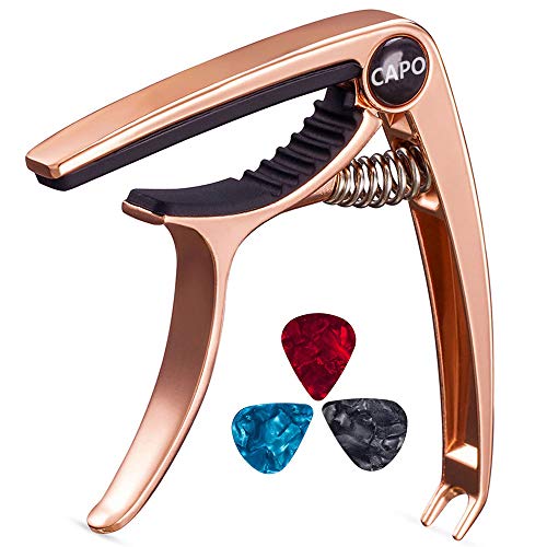 Bee-life Multi-function Guitar capoï¼ŒGuitar Accessories for Electric Guitar,Acoustic,Classical,Ukulele,With 3 Pcs Celluloid Guitar Picks and 1 Guitar and Instrument microfiber wipe cloth (Rose Gold)