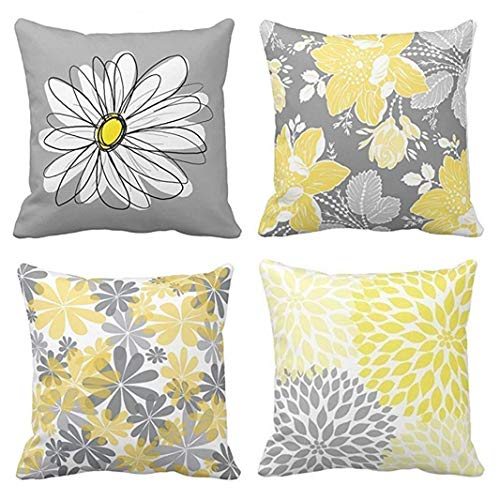 Book Cover Emvency Set of 4 Throw Pillow Covers Gray and Yellow Modern Daisy with Pretty White Floral Hand Couch Sofa Decorative Pillow Cases Cushion Home Decor Square 18x18 Inches Pillowcases