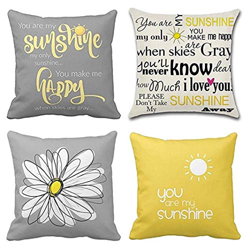 Book Cover Emvency Set of 4 Throw Pillow Covers You are My Sunshine Yellow Gray with Chevron Words Decorative Pillow Cases Home Decor Square 16x16 Inches Pillowcases