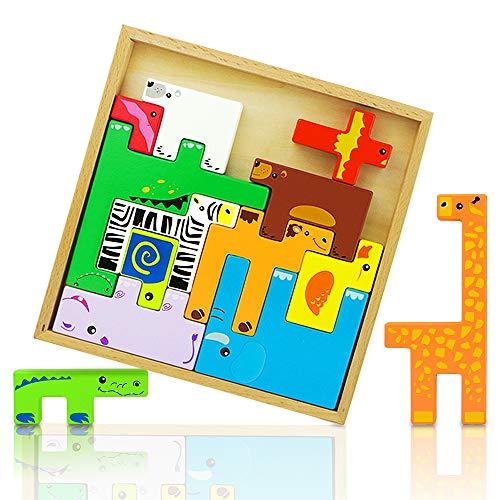 Wooden Puzzle Toys 3D Animal Set for Kids Colorful Learning Educational Blocks Stack Shapes Brain Teasers Preschool Chunky Montessori Toy Games