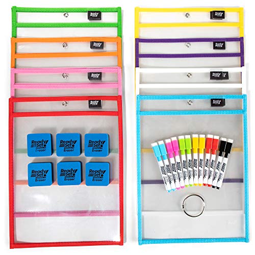 Book Cover [15 Pack] 10x14 Premium Reusable Dry Erase Pockets with Unlimited WORKSHEETS & Bonus 12 Non-Toxic Dry Erase Markers & 6 Dry Erasers. Ideal School Supplies, Classroom Supplies by ReadySet Supplies