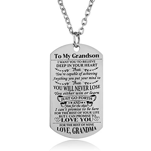 YEEQIN Grandson Necklace Love Grandson Dog Tag Believe Inspirational Gifts from Grandma Grandmother to Grandson Birthday Graduation Gifts