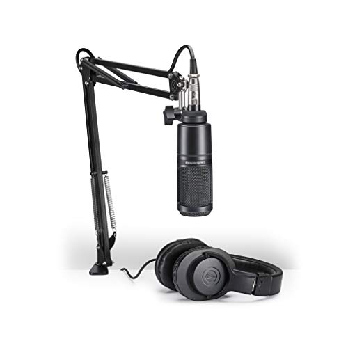 Audio-Technica AT2020PK Vocal Microphone Pack for Streaming/Podcasting, Includes XLR Cardioid Condenser Mic, Adjustable Boom Arm, and Monitor Headphones,Black