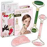Authentic Jade Roller, Natural Rose Quartz Roller and Gua Sha | 3-In-1 Stone Face Massager Kit | Anti-Aging Beauty Tools for Slimming, Toning and Firming Skin | Reduce Puffy Eyes and Firm Wrinkles