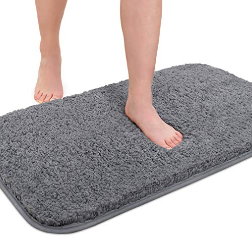 VANZAVANZU Upgraded Soft Absorbent Non Slip Bathroom Rugs 20"x32" Fluffy Thick Microfiber Cozy Gray Throw Bath Mat with Waterproof Backing for Tub Shower Kitchen Bathroom Floors Accessories (Grey)