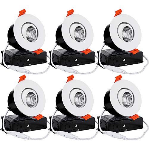 TORCHSTAR E-Star Series 3 Inch Gimbal LED Recessed Light with Junction Box, 7W (50W Eqv.) Dimmable, Airtight, CRI 90+, ETL/Energy Star/JA8/Title 24, 3000K Warm White, White, Pack of 6