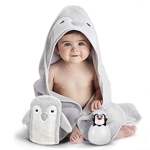 Book Cover Happy & Sweet baby gift set. Organic bamboo penguin bath towel with hood, mitt washcloth and squirt bath toy for bathtub. Perfect Baby shower gifts for boys and girls. FREE Bonus included