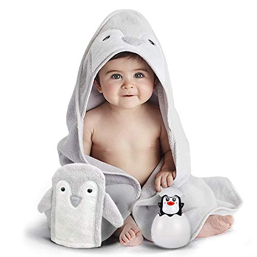 Happy & Sweet baby gift set. Organic bamboo penguin bath towel with hood, mitt washcloth and squirt bath toy for bathtub. Perfect Baby shower gifts for boys and girls. FREE Bonus included