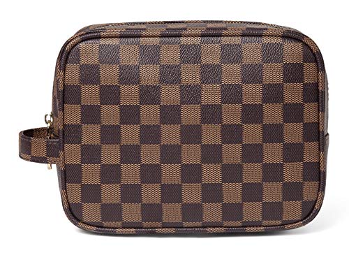 Daisy Rose Luxury Checkered Make Up Bag | PU Vegan Leather Cosmetic toiletry Travel bag (Brown)