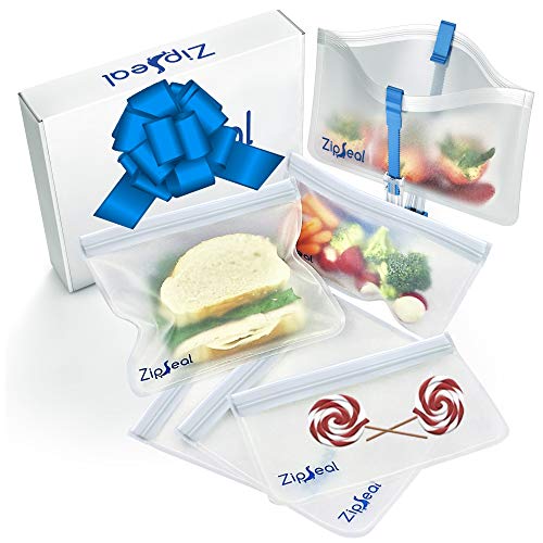 ZipSeal Reusable Sandwich Bags | 6 Pack | Resealable Food Storage Bag | 4 Sandwich Bags + 2 Snack bags | Leak Proof Freezer Safe & Eco-Friendly | Bonus Bag Holder