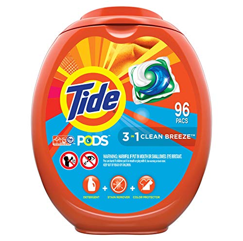 Book Cover Tide PODS Laundry Detergent Soap PODS, High Efficiency (HE), Clean Breeze Scent, 96 Count (Packaging May Vary)