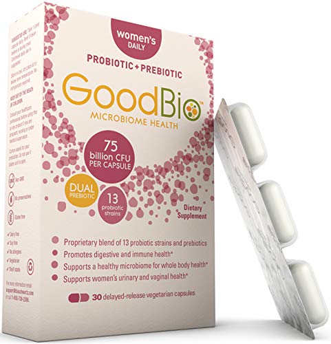 Book Cover Premium Prebiotics and Probiotics for Women - Women’s Immune Support & Urinary, Vaginal, & Digestive Health - 75 Billion CFU - for Healthy Gut Flora with Inulin - Shelf-Stable - 30ct by GoodBio