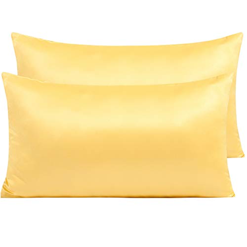 Book Cover NTBAY Zippered Satin Pillow Cases for Hair and Skin, Luxury King Hidden Zipper Pillowcases Set of 2, 20 x 36 Inches, Yellow