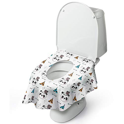 Disposable Toilet Seat Cover for Potty Training Toddler Kids and Adults. 20 Individually Wrapped Waterproof Portable Shields of Travel Toilet Seat Covers. XL Size Panda Design Liners with Sticky Pads