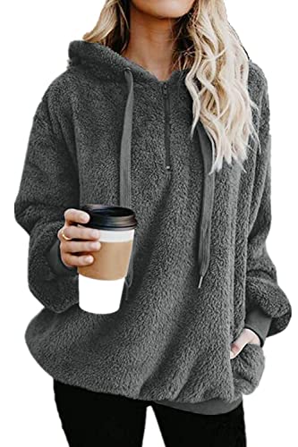 Yanekop Womens Fuzzy Fleece Pullover Oversized Sherpa Jacket Half Zip Pullover Sweaters Winter Faux Fur Jacket Coat