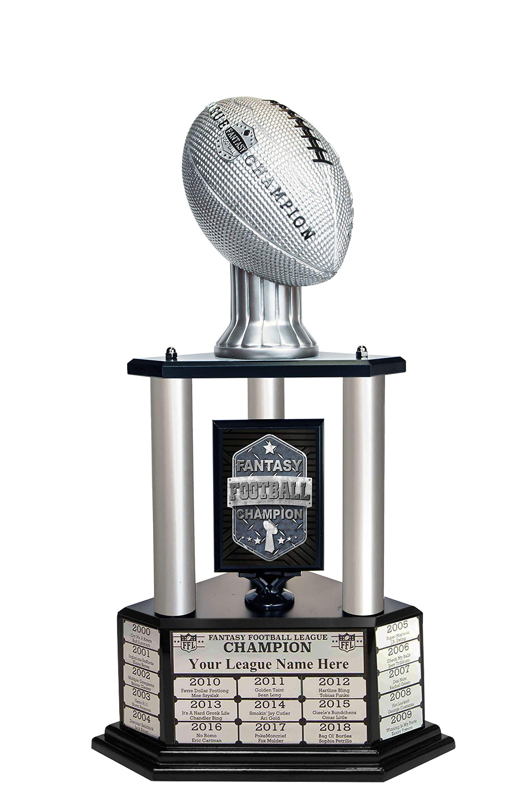TrophySmack Perpetual Fantasy Football Trophy - Customizable Championship Trophy Award Winner | Free Engraving up to 19 Years Past Winners, 26 Inch Tall (Vivid Silver) 26" Silver Columns