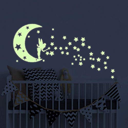 Moon Glow in The Dark Wall Stickers, Fairytale Fairy Glow Stickers and Stars Wall Decals Vinyl Design for Nursery Room DIY Mural Decoration