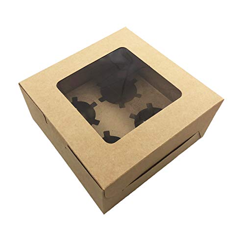 Prudance 15pcs 6x6x3in Brown Bakery Boxes with Window include 4 Cupcake Box Insert,Kraft Cupcake Boxes for Cookie,Cakes, Pastries and Chocolate Covered Strawberries.