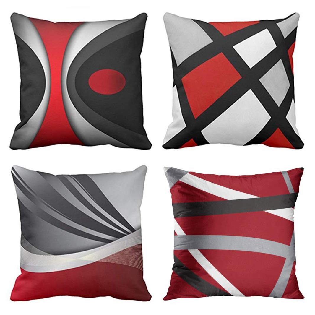 Book Cover Emvency Set of 4 Throw Pillow Covers Modern Abstract Red Stripes Gray Black White Acrylic Bold Grey Decorative Pillow Cases Home Decor Square 20x20 Inches Pillowcases 20 x 20 inches Red and Grey
