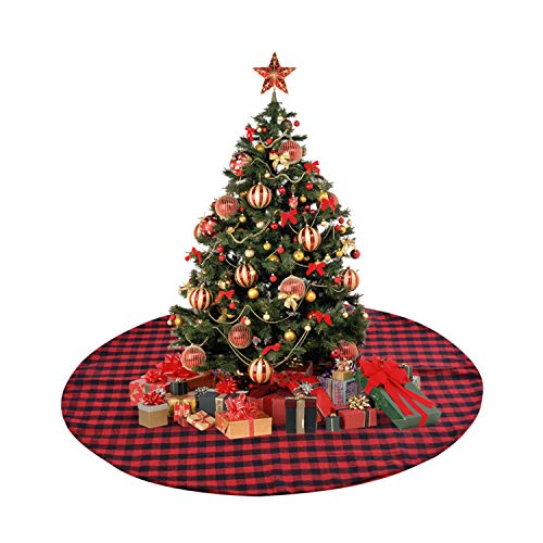 Topgalaxy.Z 48 Inch Christma Buffalo Plaid Print Tree Skirt Checked Tree Skirt Red and Black Plaid Double Layers Décor for Indoor Outdoor Mat Xmas Party