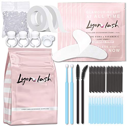 Lyon Lash Eyelash Extension Supplies 4x100 Packs - 100 Pairs Under Eye Gel Pads | 100 Disposable Mascara Brushes Wands | 100 Micro Applicators Brush | 100 Glue Ring Holder | 2 Medical Tapes