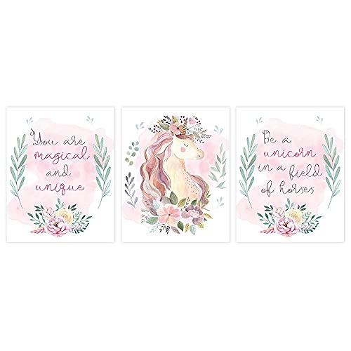Unicorn Wall Art Prints (Set of 3) - Unframed - 8x10s | Girls Room Decor
