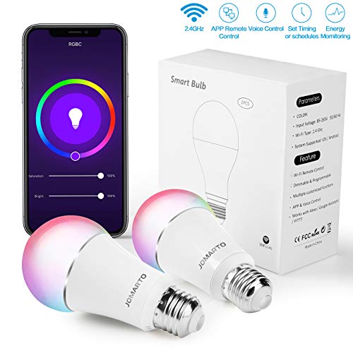 JOMARTO Smart WiFi LED Light Bulb, 2 Pack Compatible with Alexa/Google Home, 60W Equivalent Color Changing Multicolor Dimmable Light Bulb 900LM Remote Control No Hub Required (9W E26)