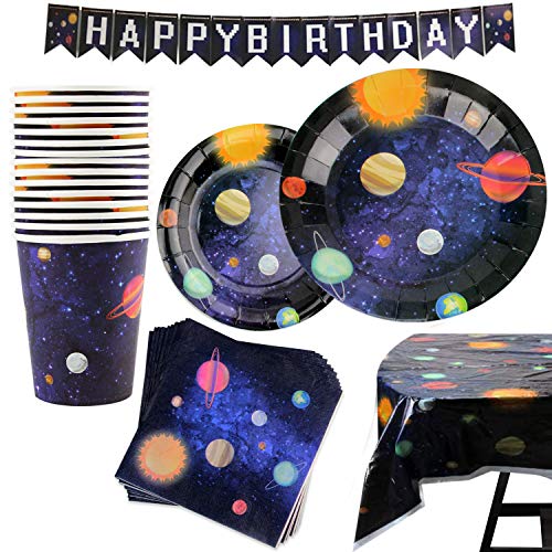 102 Piece Outer Space Party Supplies Set Including Banner, Plates, Cups, Napkins, Tablecloth, Serves 25