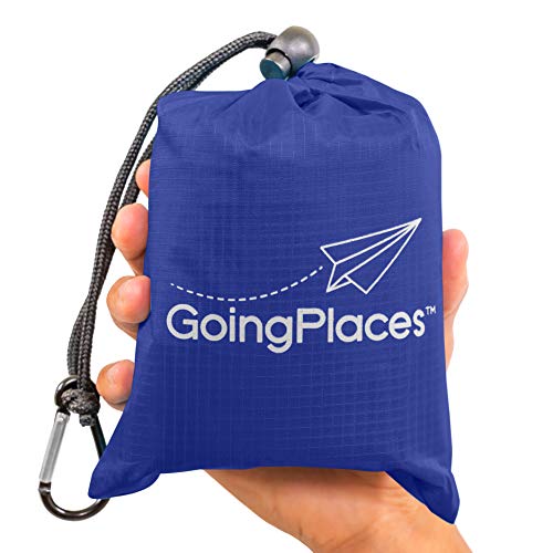 Going Places Compact Packable Outdoor Beach Blanket - Extra Large 55" x 60" Pocket Blanket and Sandproof Picnic Mat with Waterproof Bottom, 4 Anchor Loops, and Carabiner